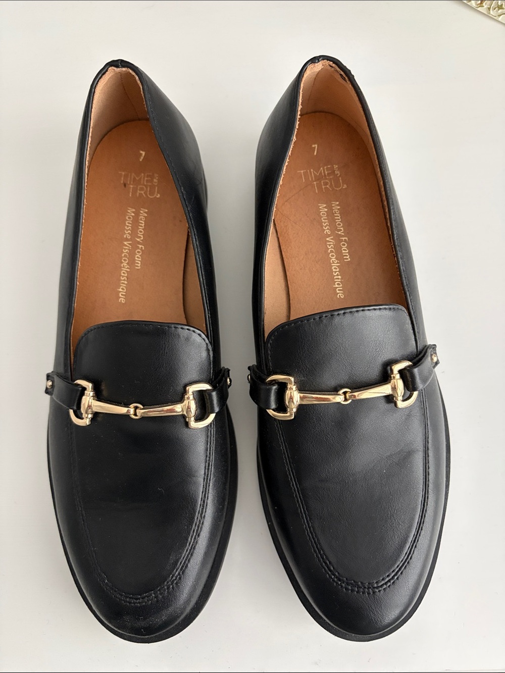 Time and Tru Black Loafers with Gold Horsebit Detail
